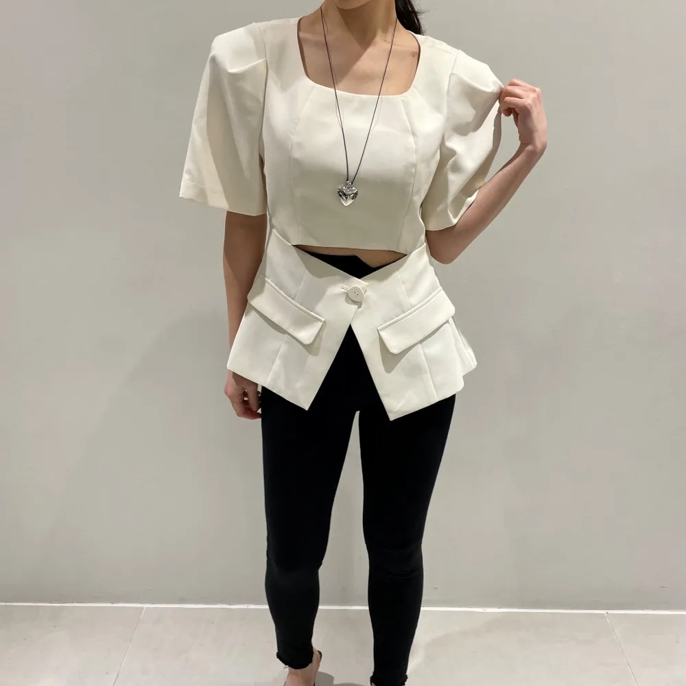 Women's Summer Vintage Blazer Coat Office Lady Square Collar Short Sleeve Shirts Design Sense Tops Korea Style 2023