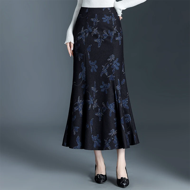 

Ретро-юбка из шерсти с цветочным принтом, женская, осенне-зимняя, приталенная, А-силуэт, с завышенной талией, юбка-русалка, облегающая