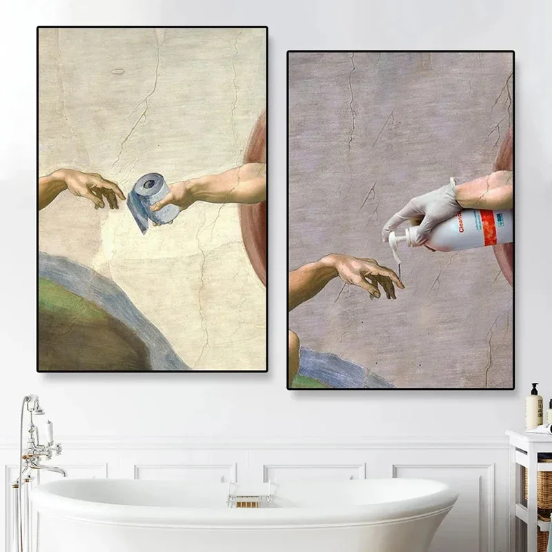 Hand of God and Adam Poster Funny Toilet Paper Wash Room Bathroom Living Wall Art Home Decoration Retro Picture Canvas Painting