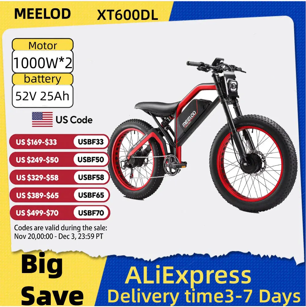

MEELOD XT600DL adult E-bike 1000W*2 52V25Ah battery commute Electric Bike,26-inch Fat Tire E-Mountain bike