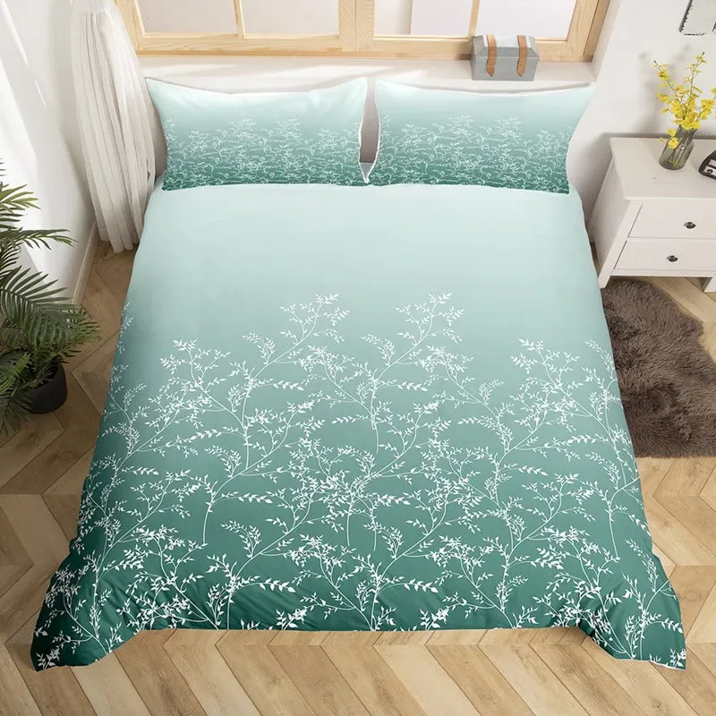 

Gradient Color Duvet Cover Woodland Botanical Bedding Set Nature Rustic Tree Branch Leaf Comforter Cover Queen For Kids Adults