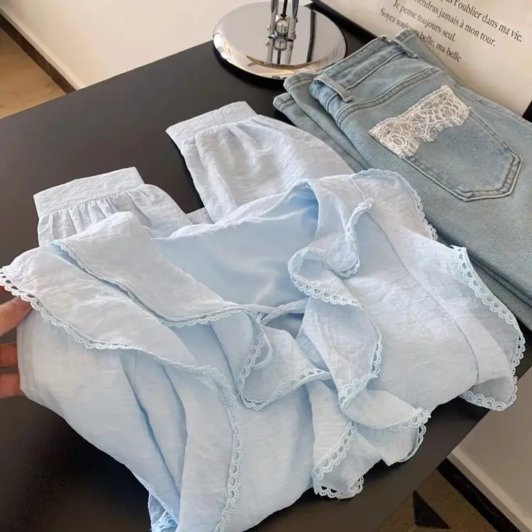 

Lotus Leaf Collar Blue Bow Tie Shirt Women Unique Top
