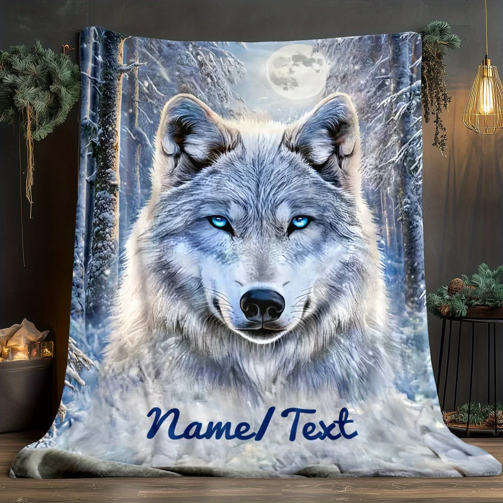 Custom name arctic wolf fleece blanket, suitable for sofa, bed, birthdays, friends, gifts