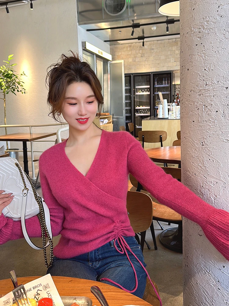 

Вязаный свитер YANGXIAOJING с V-образным вырезом и перекрестным дизайном, осенне-зимний, с внутренней регулируемой талией на шнурке, женский базовый топ