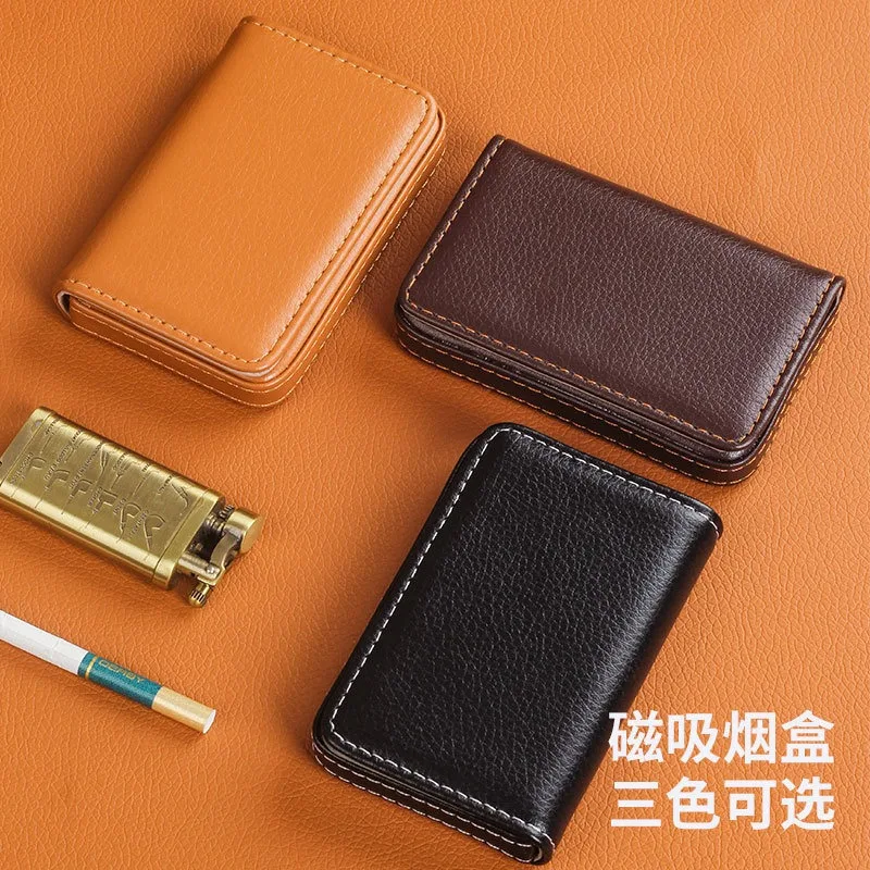 Estuche portátil para cigarrillos de 8mm, de cuero PU, estilo tarjetero, con atracción magnética, caja para cigarrillos, accesorios para fumar para hombres