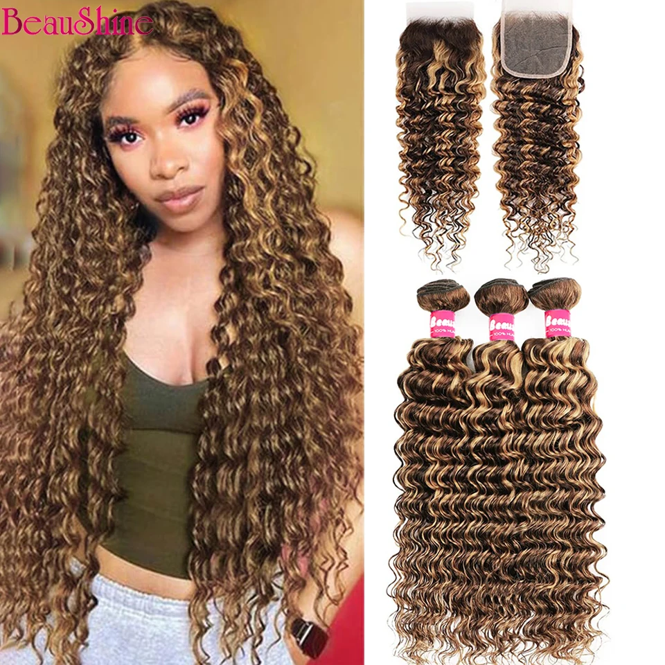 

Highlight Human Hair Bundles with Closure 4 27 Deep Wave Bundles with 4X4 Lace Closure