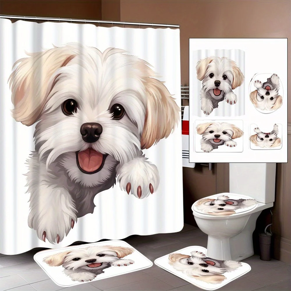 

Набор из четырех предметов для ванной комнаты с милым щенком — очаровательная водонепроницаемая занавеска для душа для полного набора для ванной комнаты