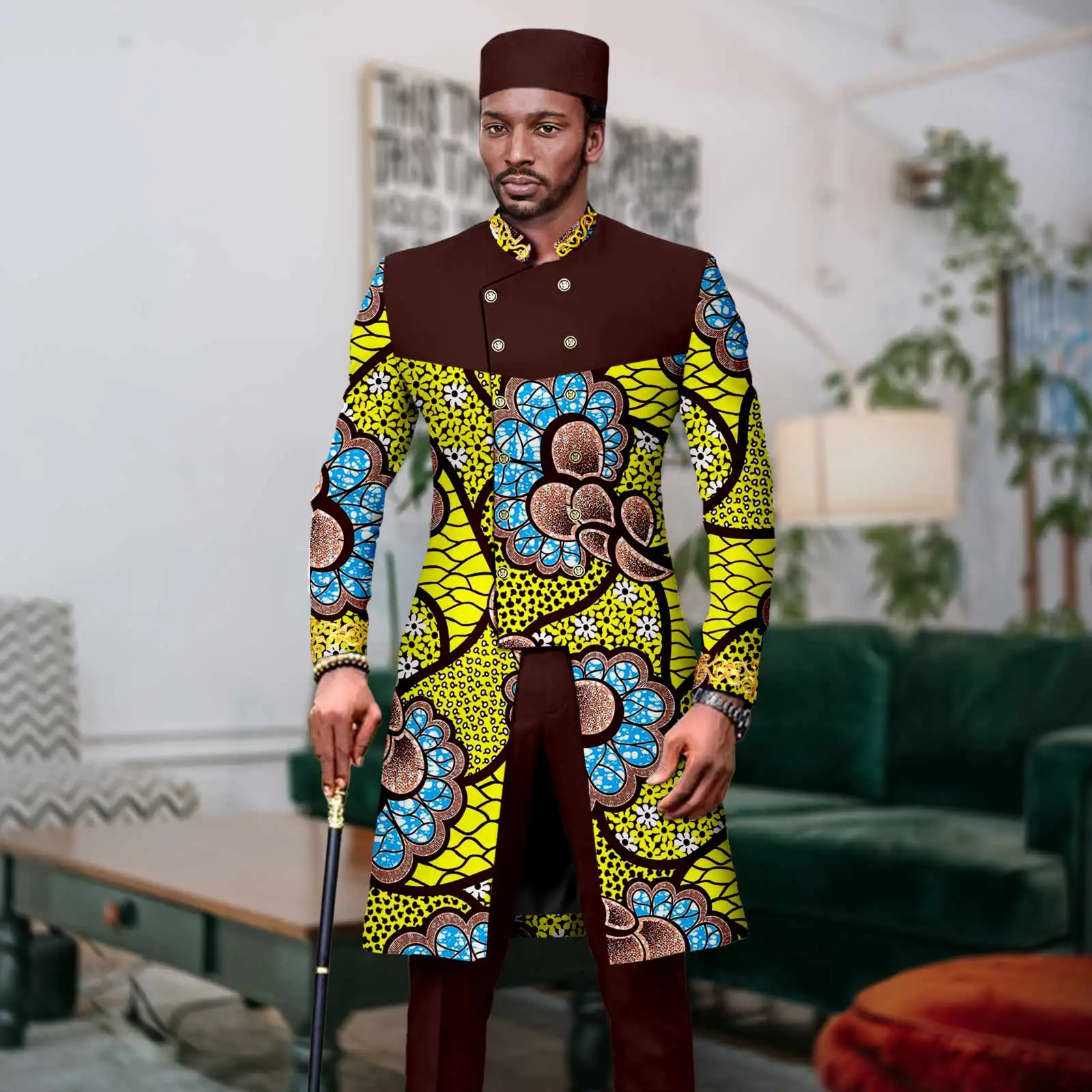 African Men Suit Dashiki Print Tuxedo for Wedding 3 PCS Set Slim Fit Embroidery Jacket and Pants Match Muslim Caps A2316062