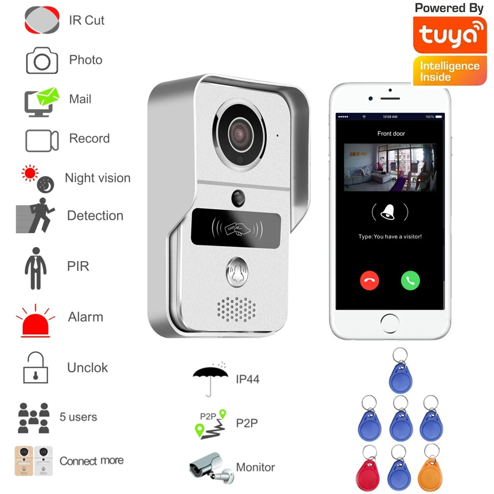 

2022 New Tuya Smart Life Cellphone App Control WiFi Door Bell Rfid Card Unlock Security Camera Intercom System For Visitor Talk