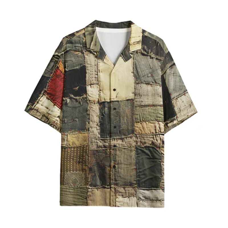 Men\'s Casual Shirts Fake Spliced Denim Printed Camisa Men Fashion Hawaiian Shirt Beach Blouses Short Sleeve Vocation Lapel Tops
