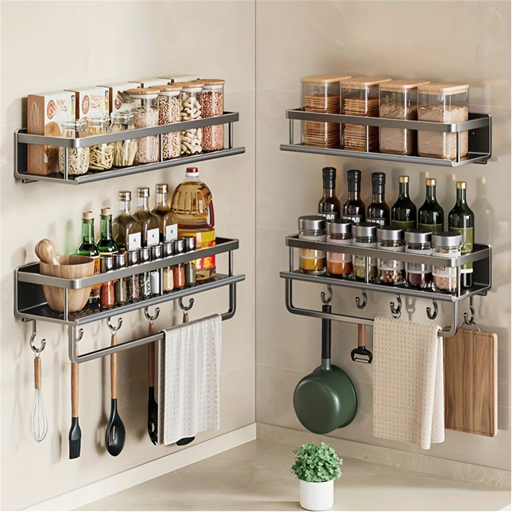 Multifunctional Kitchen and Bath Tray Wall-Mounted Aluminum Storage Rack Seasoning Bottle Storage Shelf Kitchen Storage Hooks