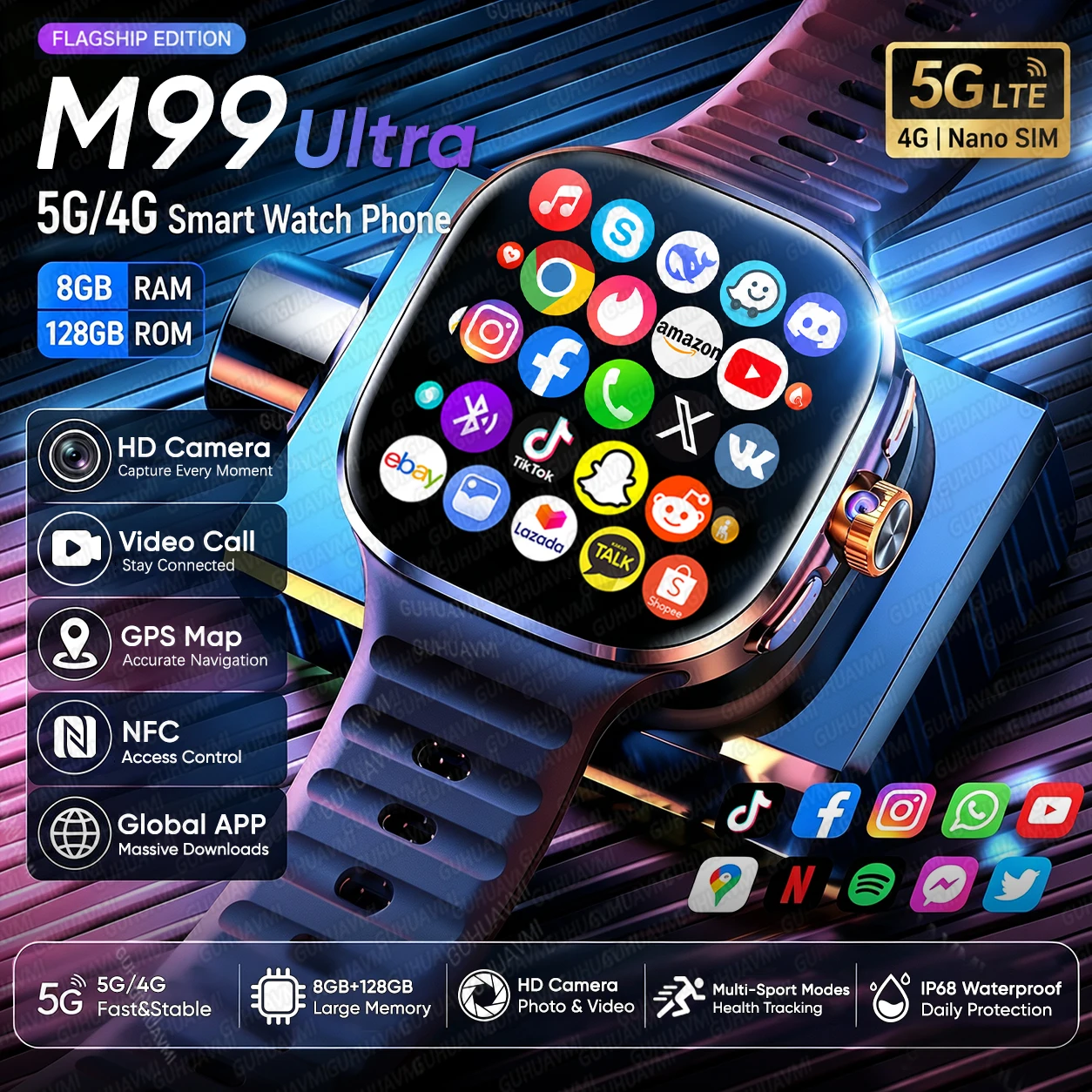 5G/4G Vollnetzwerk Android Smartwatch mit 2,4-Zoll-AMOLED-Display, unabhängiger Anruffunktion, Kamera, GPS, WLAN, Bluetooth, Sport-Telefonuhr
