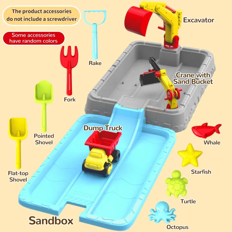 MQUDUO Toddler Sand Table Toy Set with Construction Vehicle, Slide Track and Beach Mold Accessories, Summer Birthday Gift