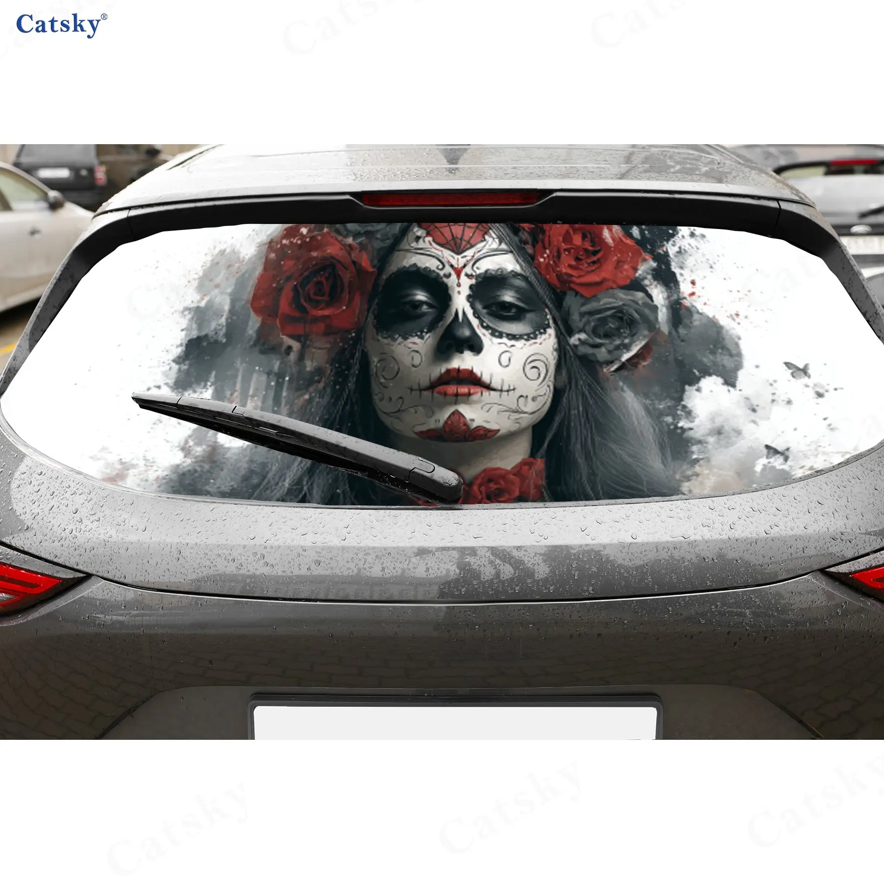 

Sugar Skull Rose Gothic Adventure PVC Perforated Car Vinyl Wraps, Durable Car Rear Windshield Sticker, Waterproof Car Rear Windo
