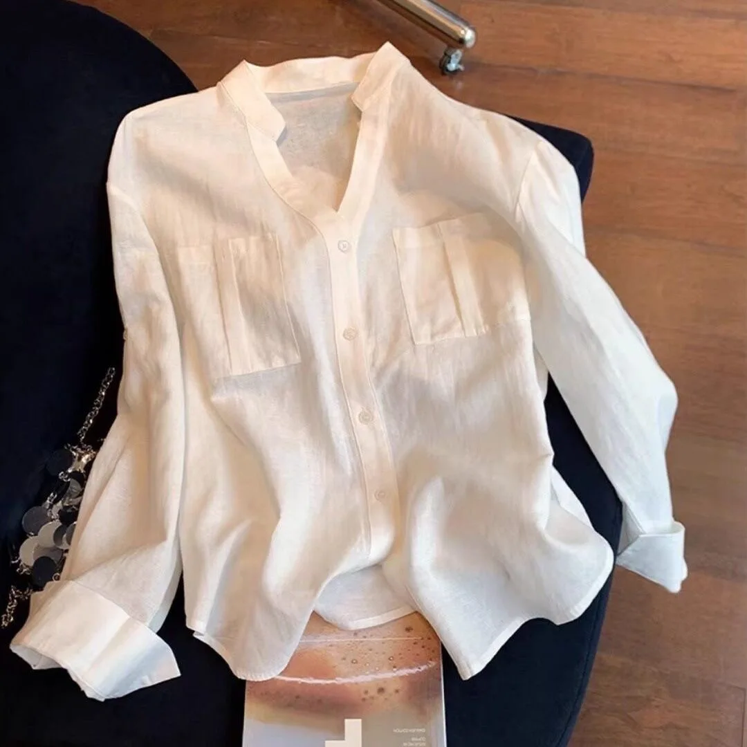 Loose Fit Long Sleeve Cotton Linen Women's Shirt White Spring New Style plus Size Comfortable Breathable V-neck Button up Top