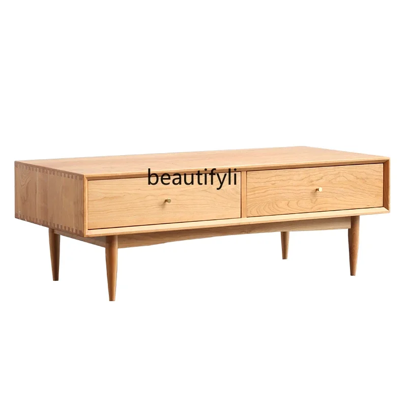 

Nordic cherry wood coffee table solid wood living room furniture Japanese log oak drawer coffee table6005