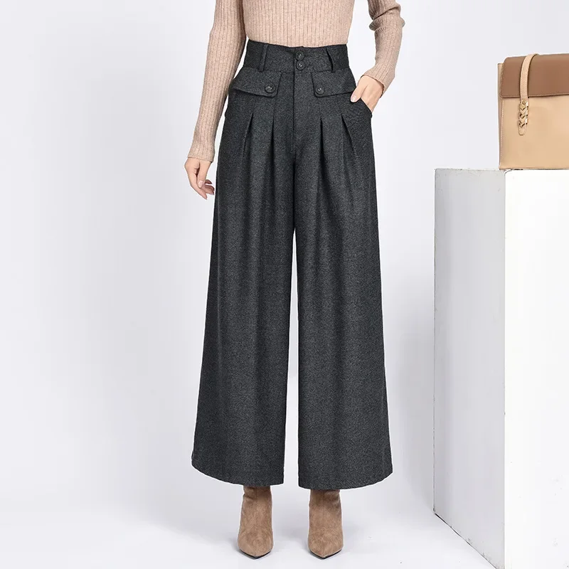 

M-4XL 3 Color Winter Women Pants Warmth Wool High Waist Pleated Loose Wide Leg Pants Ladies New Fashion Casual Solid Trousers