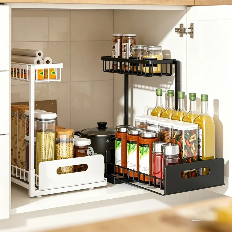 Pull‑out 2‑Tier Under‑Sink Cabinet Storage Organizer Sliding Rack for Kitchen Bathroom Tidying