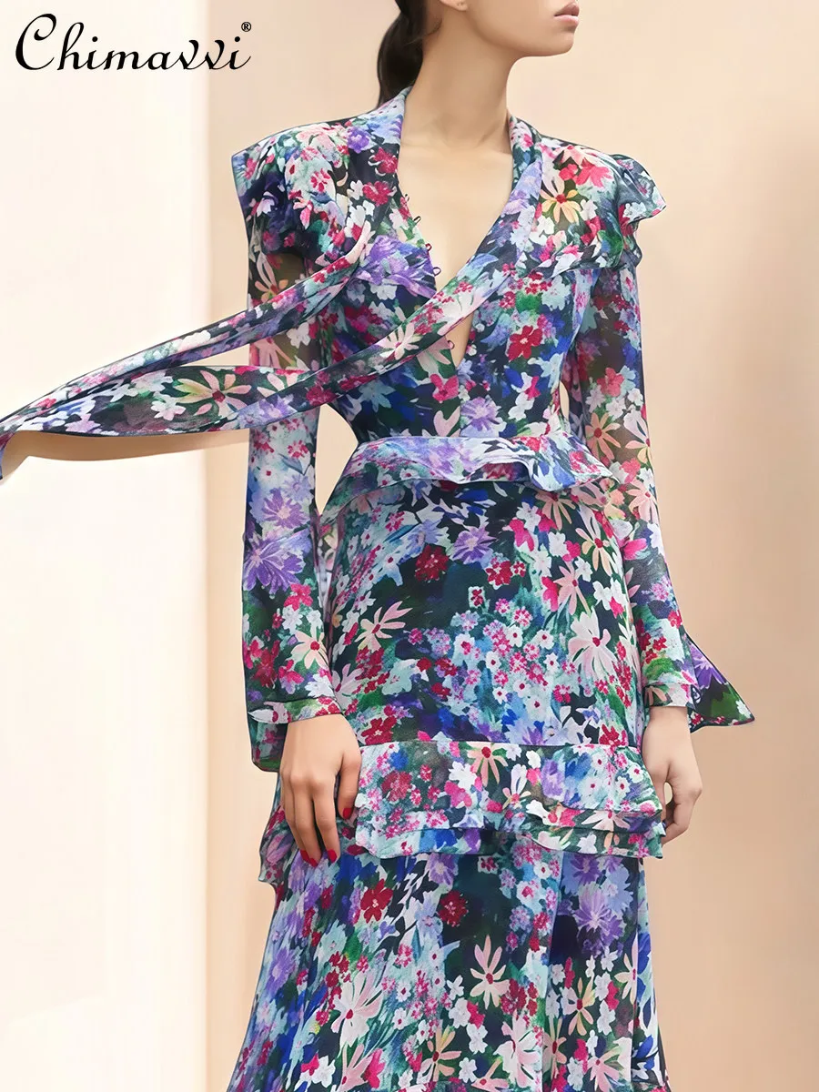 

French Retro Floral Dress 2026 Spring Summer New High-end Fashion Long Sleeve High-waisted Elegant Vacation Style Dress Women