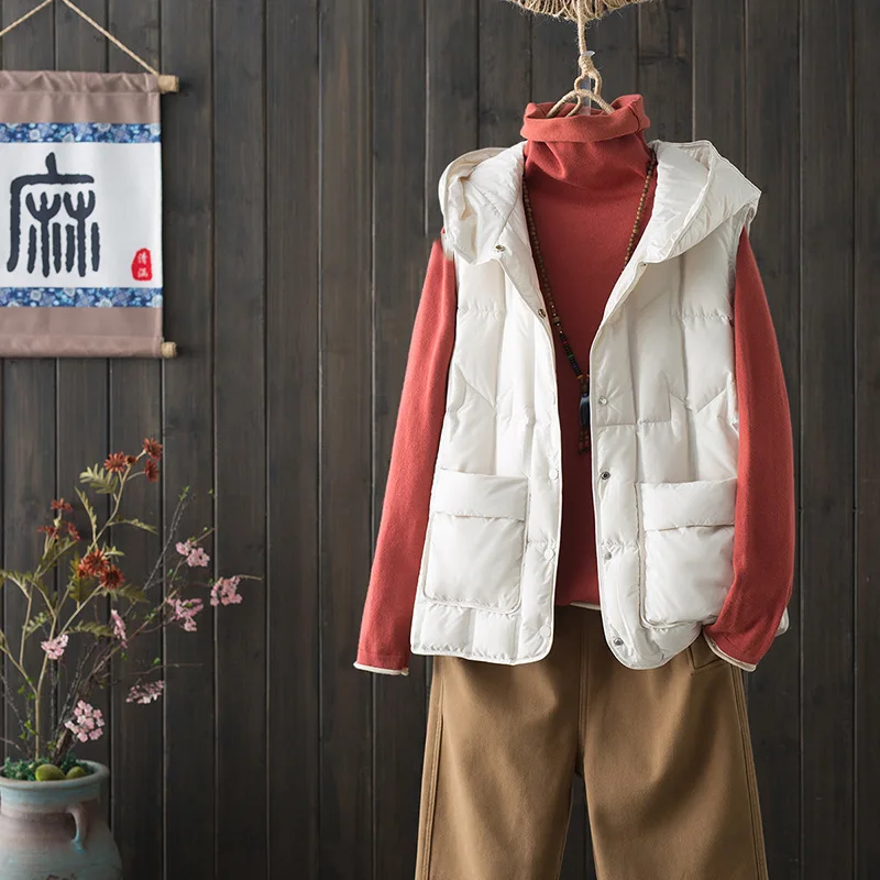 여성용 90% 화이트 덕 다운 울트라 라이트 슬리브리스 다운 베스트 2025 신상 가을/겨울 패션 후드 기본 여성용 따뜻한 조끼 코트