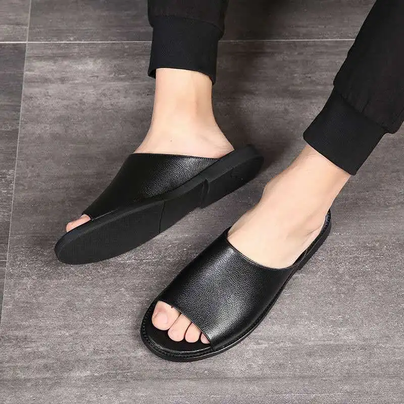 Genuine Cow Leather Slippers Homes Indoor Slipper Summer Open Toe Sandals Men Beach Casual Slides Shoes Flats Male Flip Flops