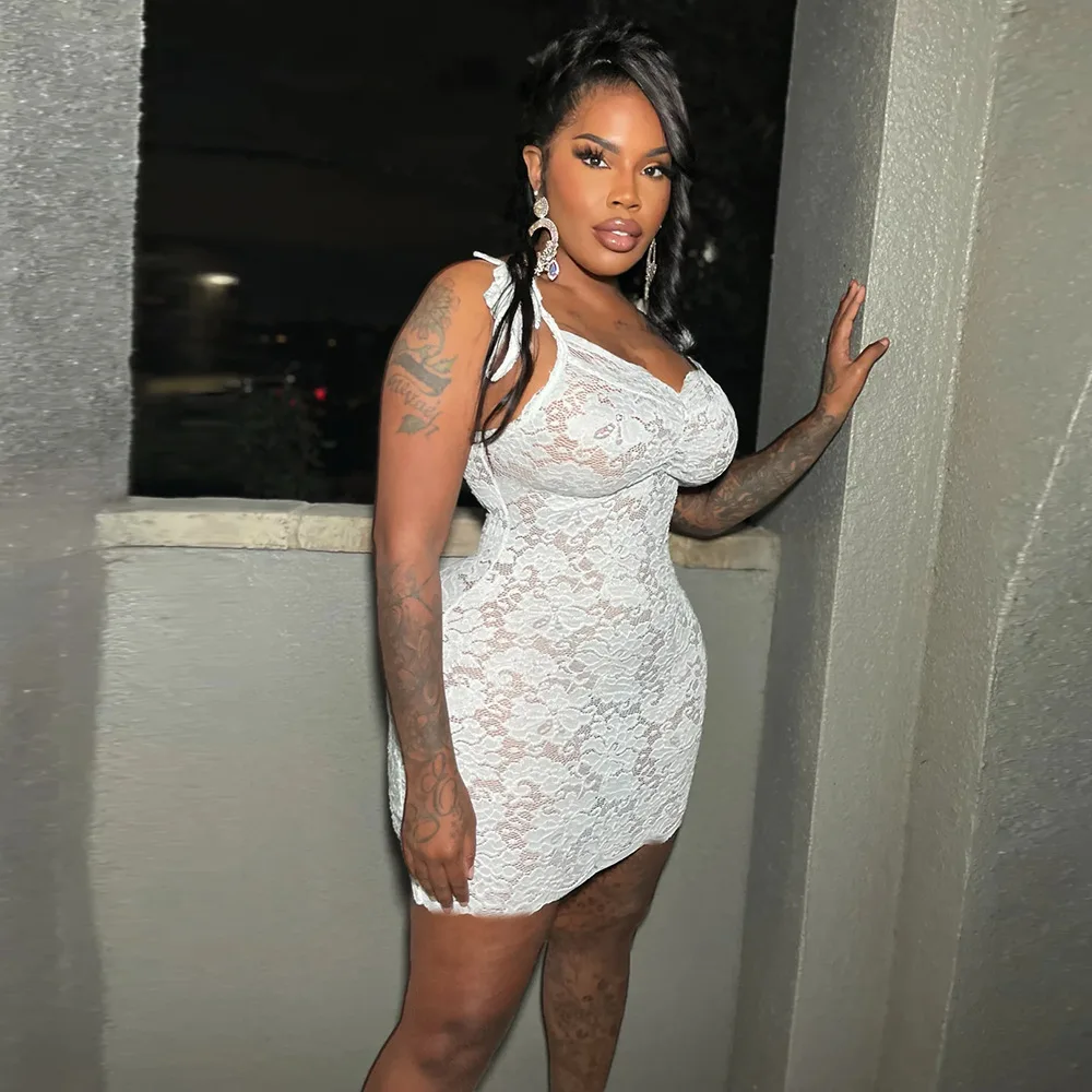 여성용 신상품 시스루 피팅 스트랩리스 드레스 플로럴 레이스와 하이웨이스트 디자인