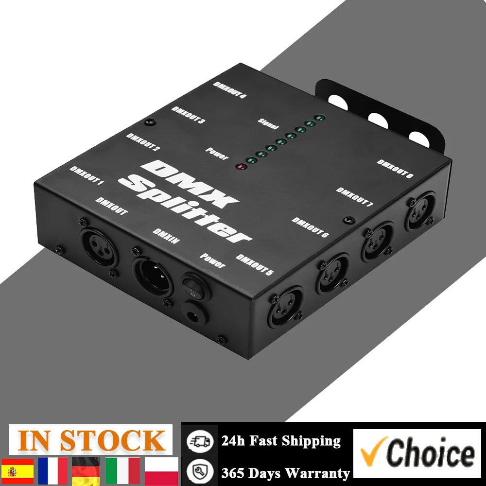 DMX512 Optical Signal Amplifier Spliter Distributor 1 Direct Input & Output 8 Independent Outputs for Light Controller Stage