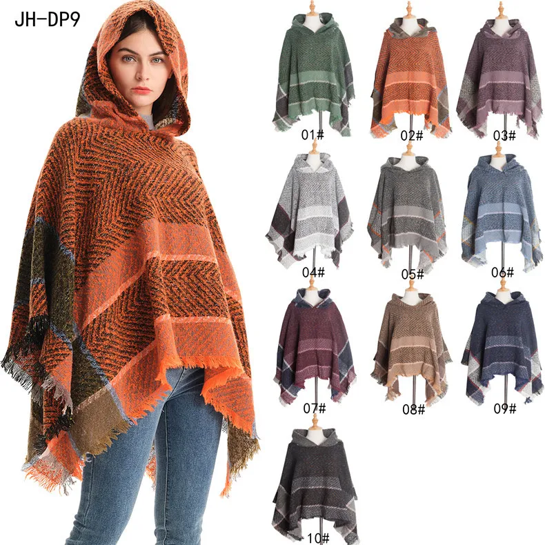 

New Autumn Winter Fishbone Pattern Women's Hooded Cape Pullover Cape Women Poncho Lady Capes Black Cloaks