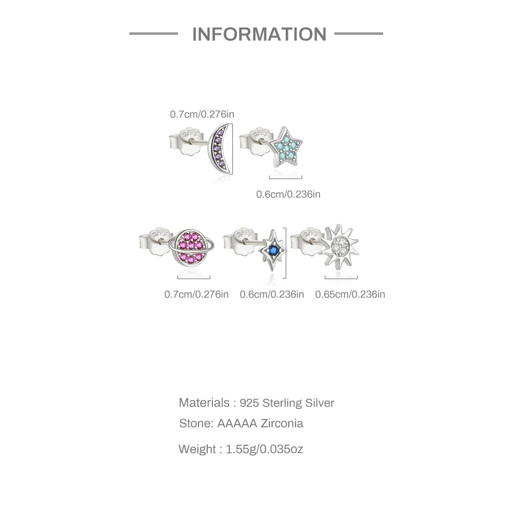 Aide 5pcs Set  925 Sterling Silver Star Moon Sun Colored Zircon 18K Gold Stud Earrings For Women ins Luxury Jewelry Gift