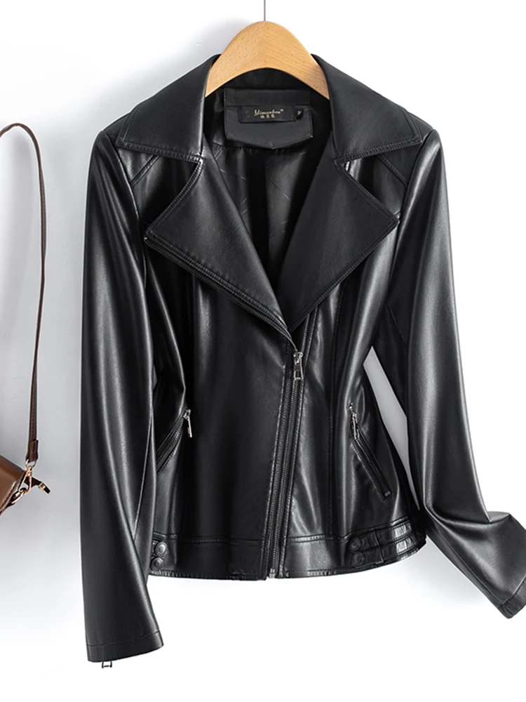 Giacca in Vera Pelle Haining da Donna, Modello Slim Fit, Taglie Grandi, in Pelle di Pecora, Nuovo Arrivo Primavera Autunno con Cerniera