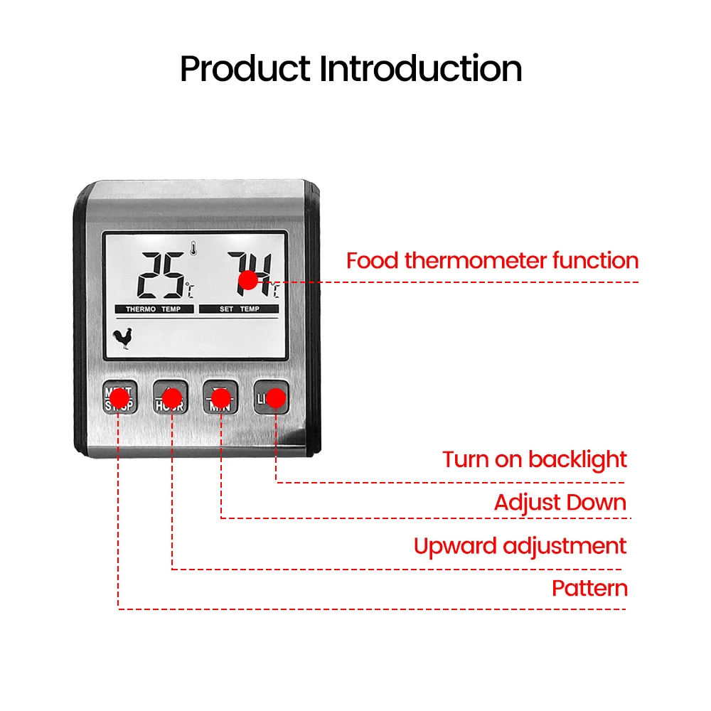 Termometro digitale con sonda in acciaio inossidabile allarme Timer per carne da cucina misurazione del misuratore di temperatura per la cottura