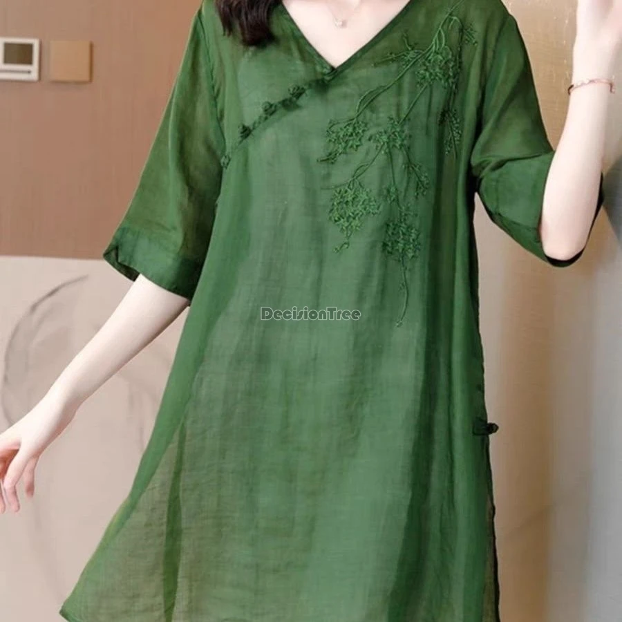 2024 chinese style summer new vintage dress chic floral embroidery cotton linen dress sexy v-neck diagonal buckle split vestido