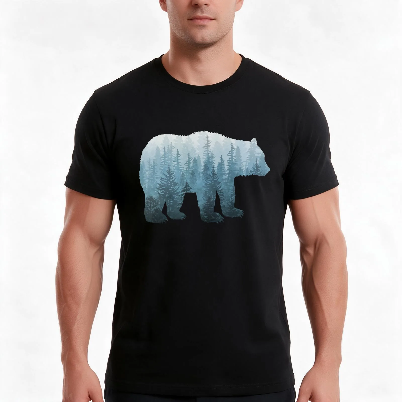 Misty Forest Bear - Turquoise T-Shirt, Summer Casual Cotton Tee, Oversized Streetwear Tops, Vintage Graphic Print, 100% Cotton