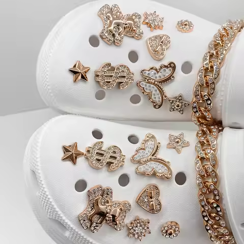 18pcs Sparkling Chain Cute Bear Dollar Charms For Crocs Shoe Decorations For Clogs Bogg Beach Bag Party Gift Idea