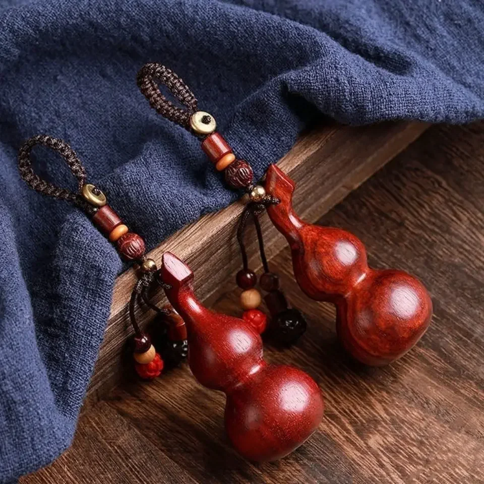 Rosewood Small Gourd Ins Keychain High-grade Pendant Chain Handmade Braided Rope Decoration Vintage Wood Carved Lucky Charms Car