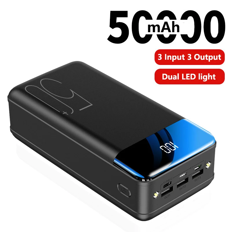 

50000mAh Power Bank for iPhone 15 14 Samsung Huawei Xiaomi 3 USB LED Light Poverbank Portable External Battery Charger Powerbank