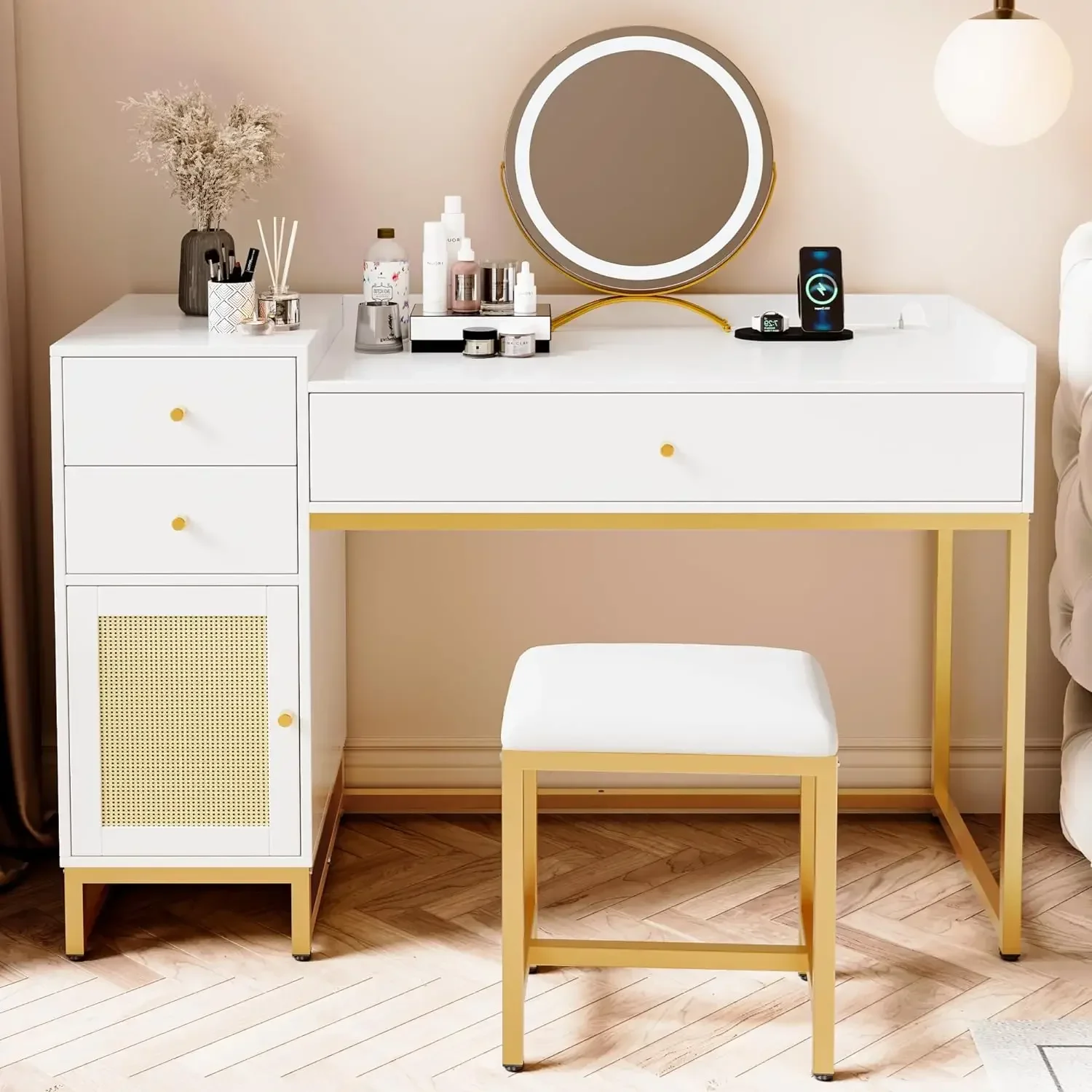 White Makeup Vanity Desk with Stools,Rattan Vanity Table Set with Power Outlet,Makeup Table Dressing Table with Drawers  Cabinet