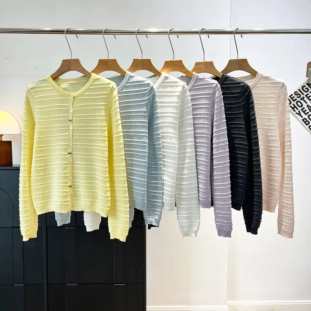 한국 스타일 매듭 줄무늬 니트 오픈 가디건 여성 패션 슬림 롱 셔츠 탑 코트 봄 가을 시즌