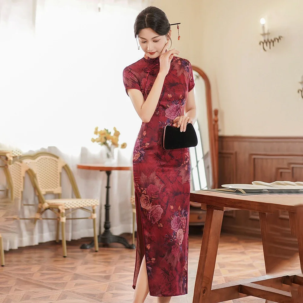 

Party Women Dress Unique V Neck Characteristic Long Qipao Beautiful Breathable Vintage Women Chinese Cheongsam