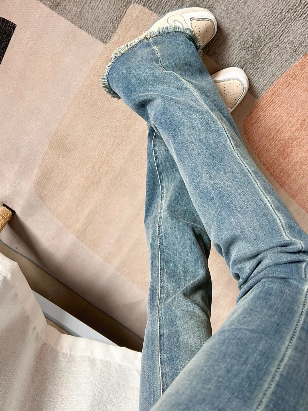 

High Waist Flared Jeans Women's Spring Autumn Cotton Stretch Denim Blue Jeans Bootcut Pants Slimming Small Size Hoof
