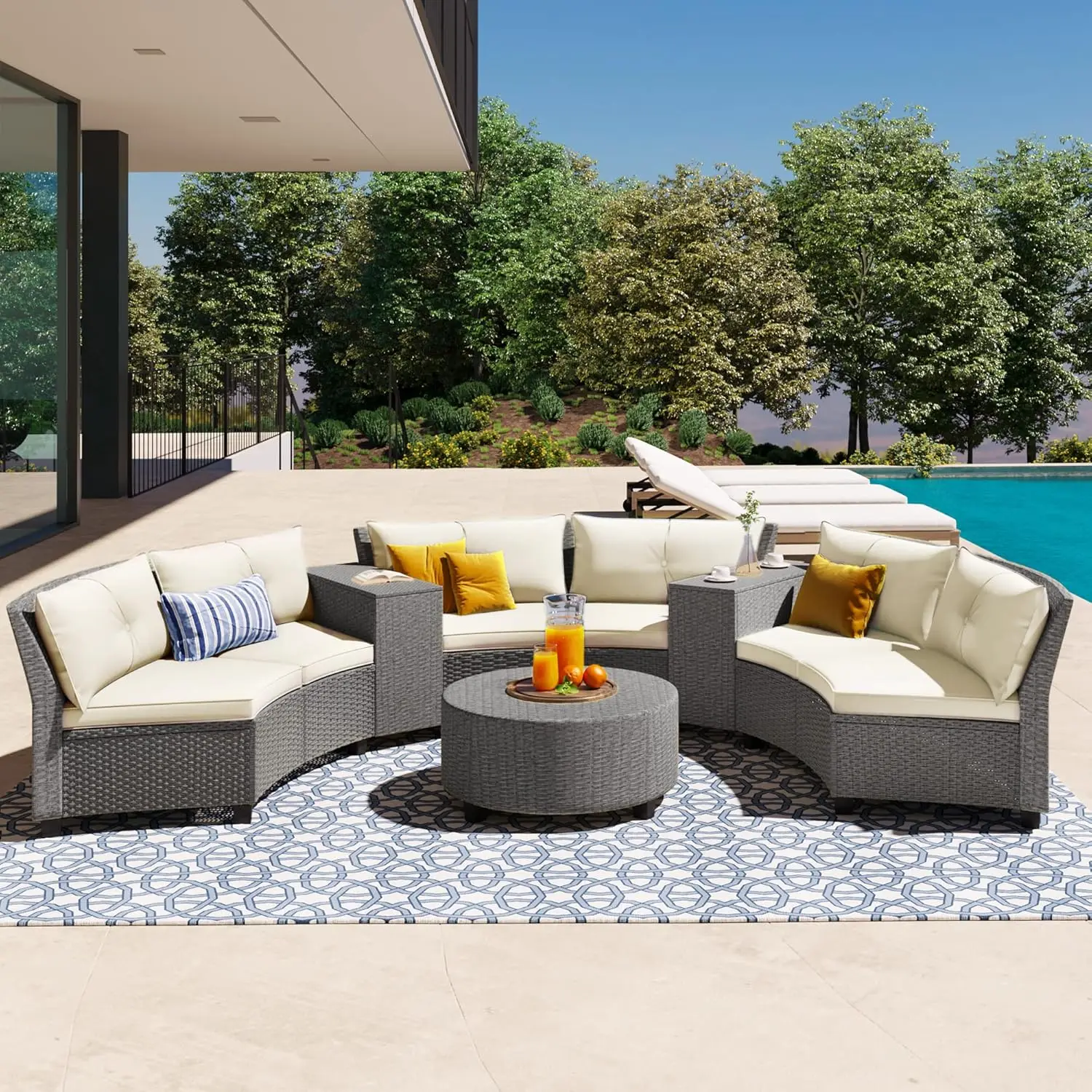 9-Piece Outdoor Half Moon Sofa Set, Rattan Patio Furniture Half Round Fan-Shaped Sofa Set with Round Table, Cushions