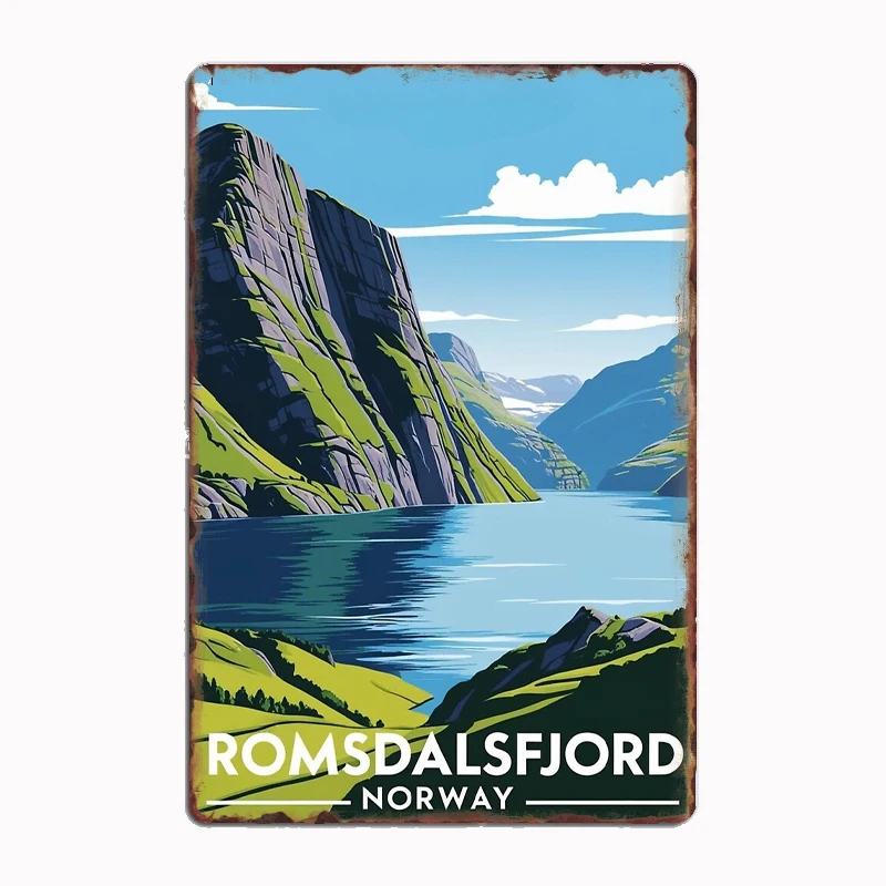 

A Vintage Travel Illustration of Romsdalsfjord - Norway Metal Sign Mural Plates Club Tin Home Decor Room Decoration Wall Decor