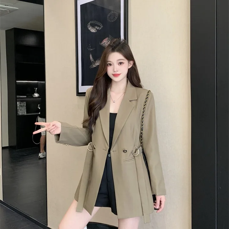 

Spring 2026 Faionable Briti Sle Women's Suit Waist-Cinching Double-breasted Midi Length Trendy Workwear Long Sve