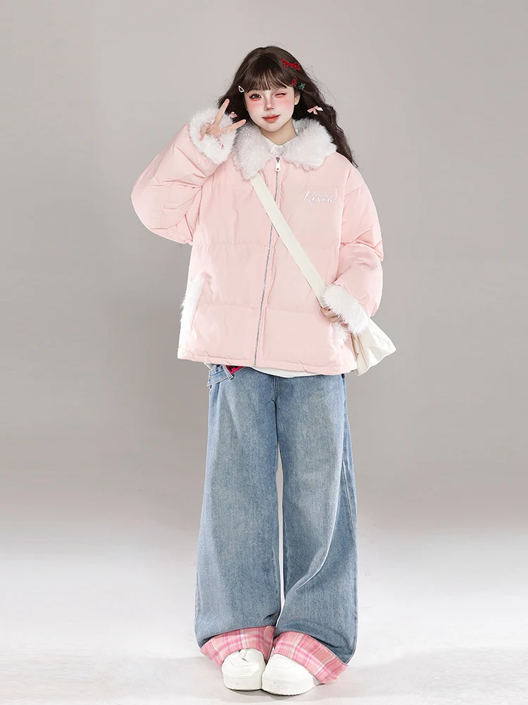 Sweet Cute Women's Thickened Cotton Jacket with Fur Collar Bread Style Coat Winter New Design Sense Outerwear Casual Simple
