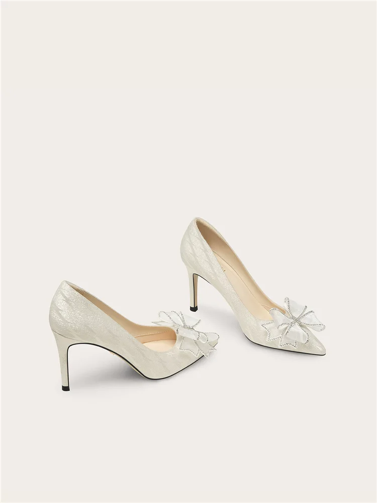 Spring new pointed rhinestone mesh bow high heels wedding shoes banquet large size small size widened version women's shoes