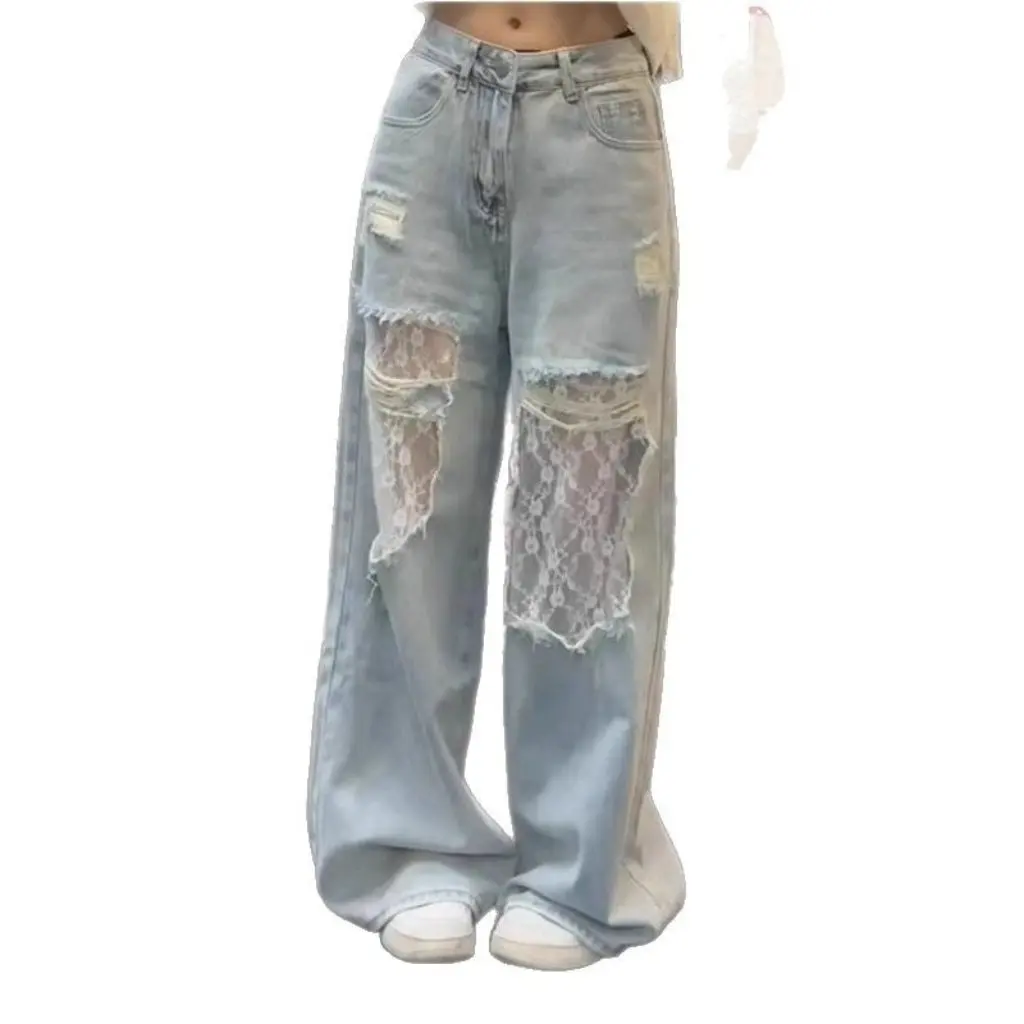 

Women's American Style Retro Ripped Lace Stitching Jeans Casual Straight Wide-Leg Pants Spring New Lazy Style All-Match