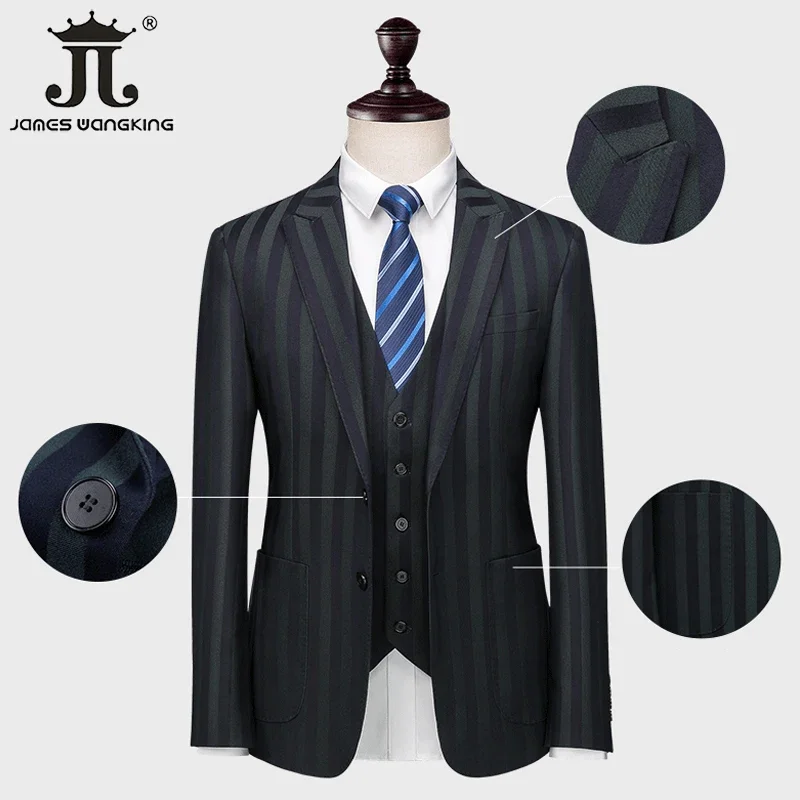 ( Blazer + Vest + Pants ) British Style Green Stripe Suit Groom Wedding Dress Men's Business Casual Formal Work Slim Suit