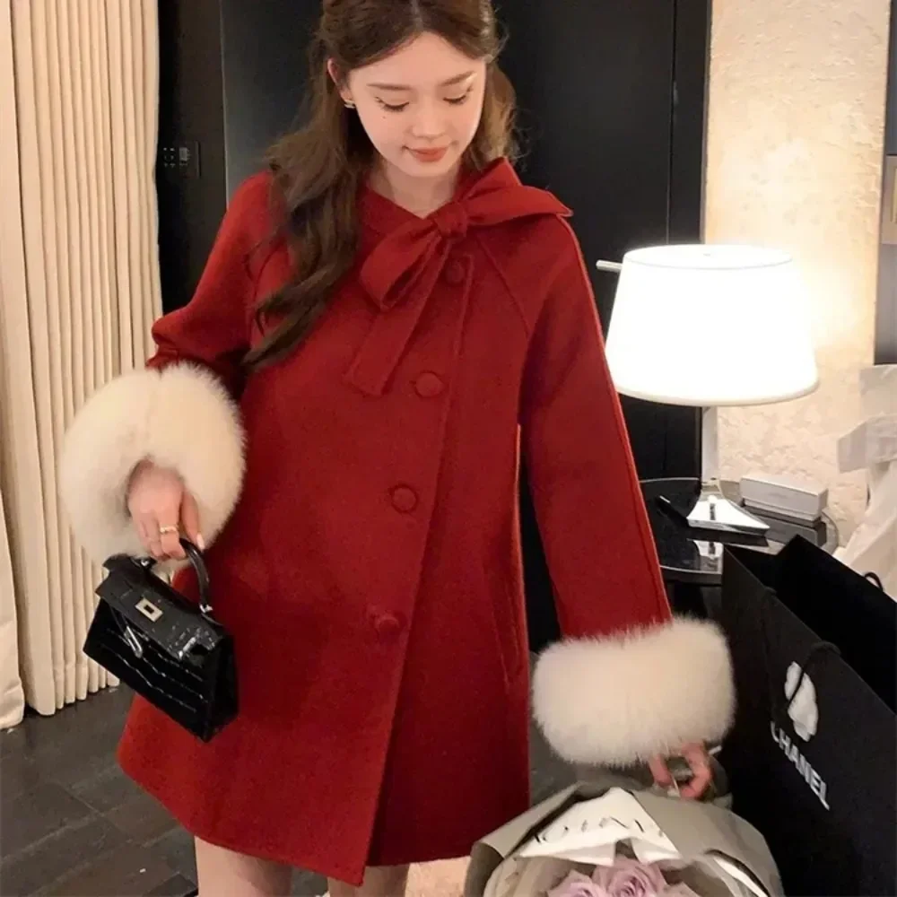 Women Autumn and Winter 2024 New Double Sided Woolen Real Fox Fur Loose Bow Clip Wool Outerwear Woolen Coat Female