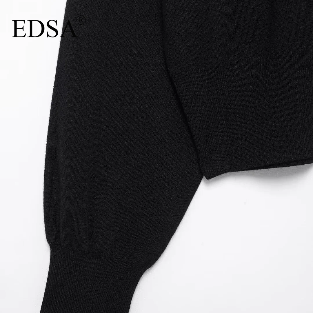 EDSA Women Black Cropped Knit Cardigan with Large Buttons Round Neck Long Sleeves Ribbed Cuffs Autumn Knitted Sweater Coat