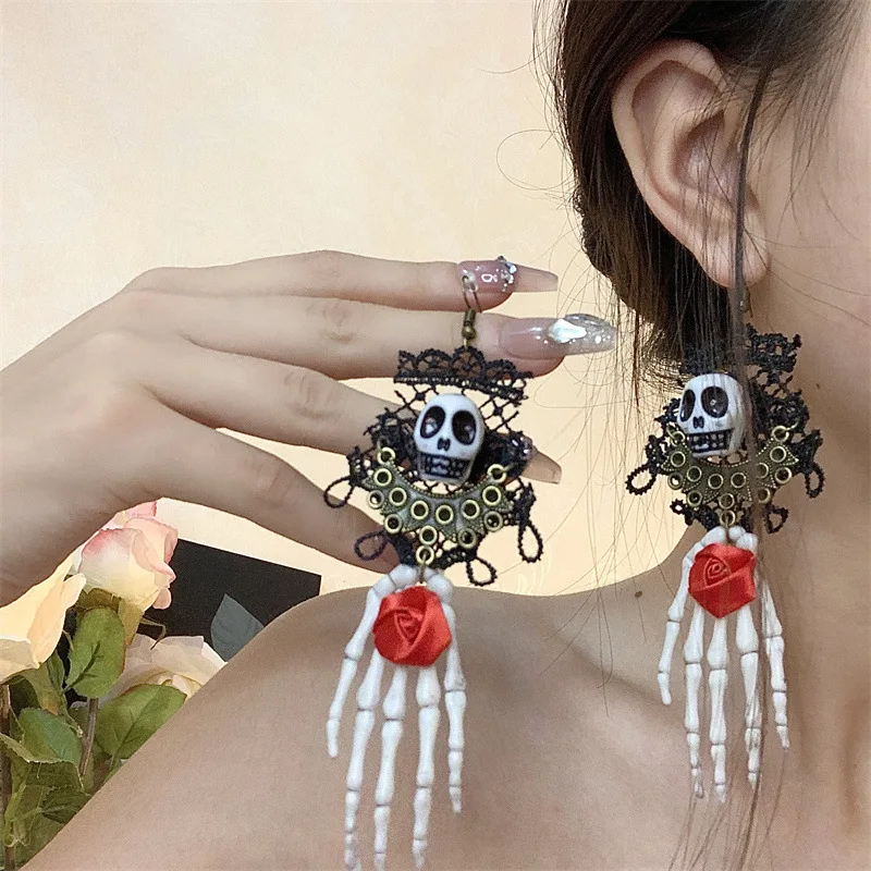 Europe America Lace White Bone Skull Red Imitation Satin Floral Necklace Exaggerated Halloween Eye-catching Earrings Necklaces